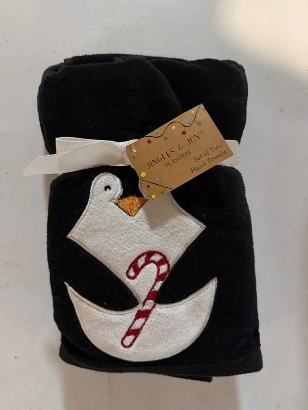Black Holiday Hand Towels with Penguin & Candy Cane